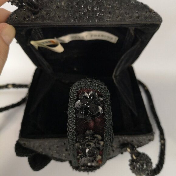 VTG Mary Frances Black Burgundy Velvet Embellished Beaded Small Shoulder Bag - Picture 10 of 16